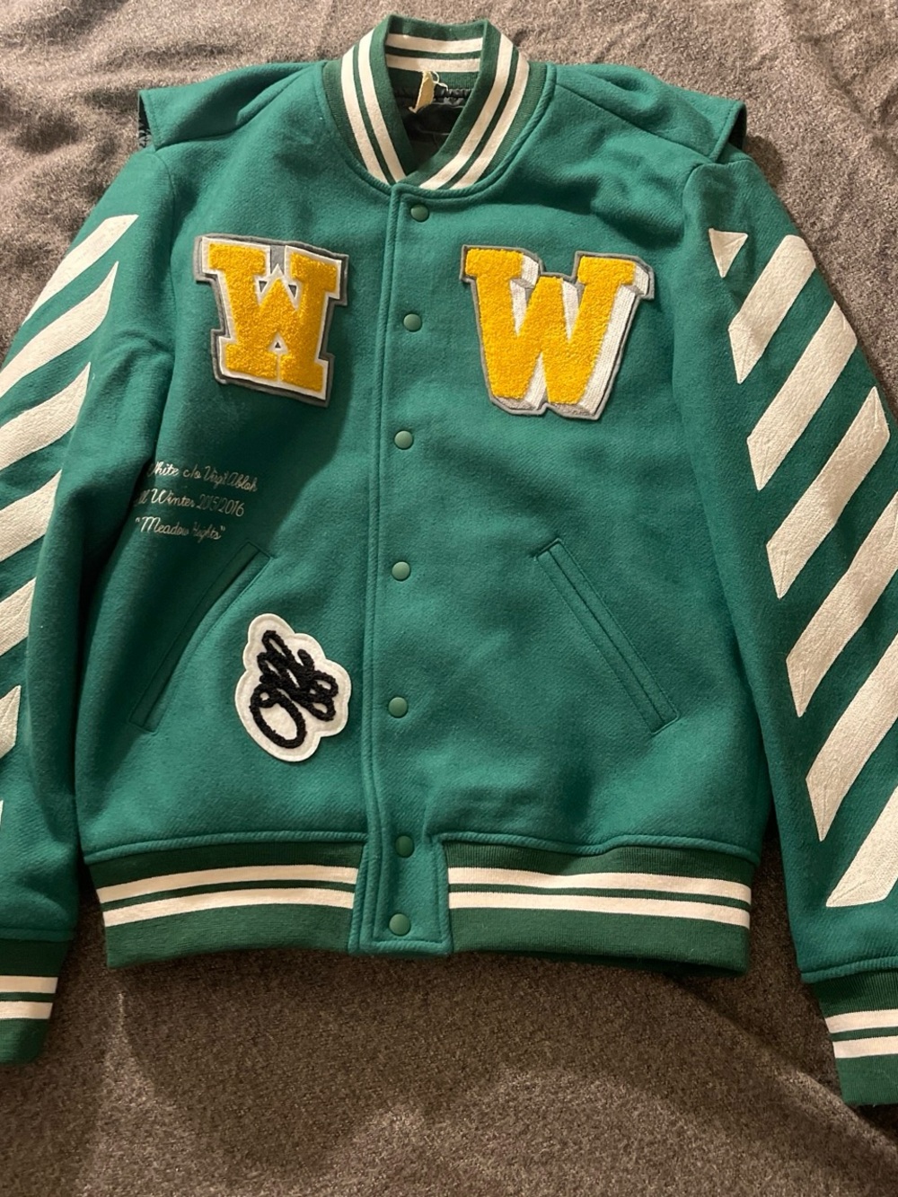 Off-White Green Varsity Jacket with Yellow W Patches